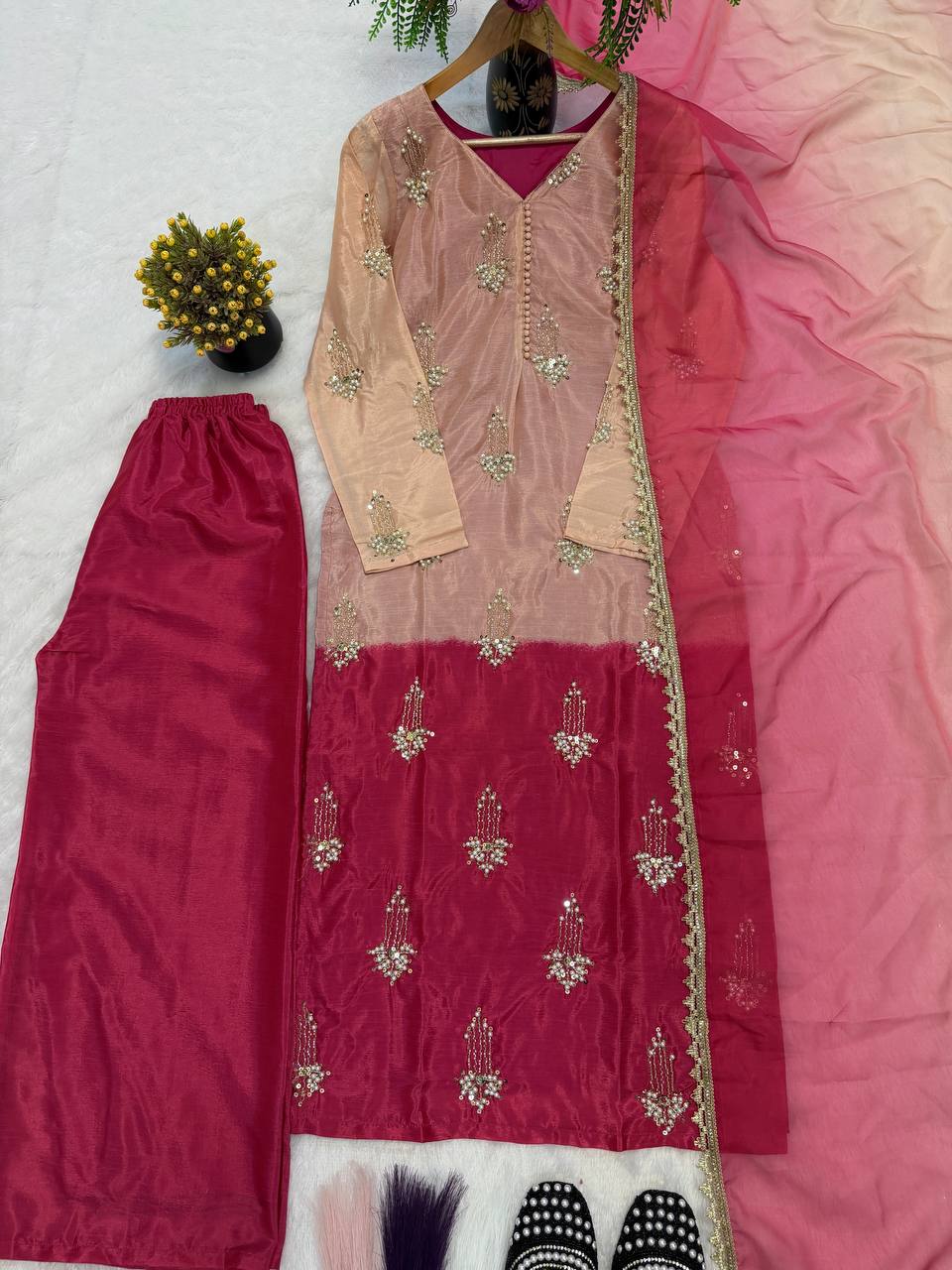 Modern Pearl-Drop Two-Tone Silk Suit